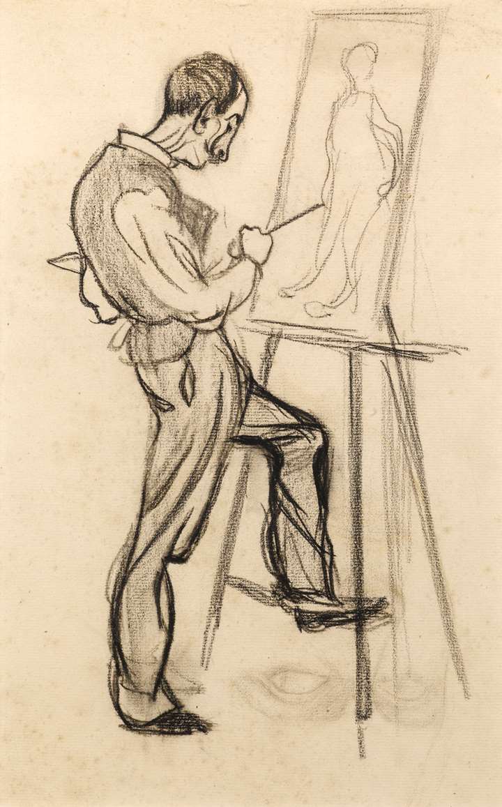 Caricature of an Artist, thought to be Adolphe Crespin, Painting at an Easel